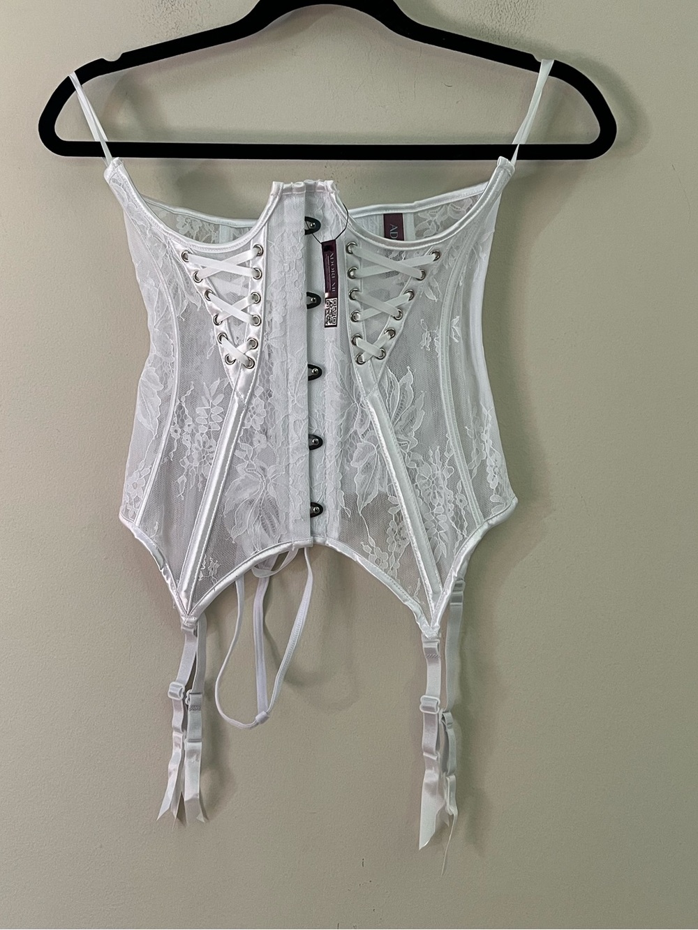 Adore Me White Lace Lace-Up Corset Bustier with Garter Straps